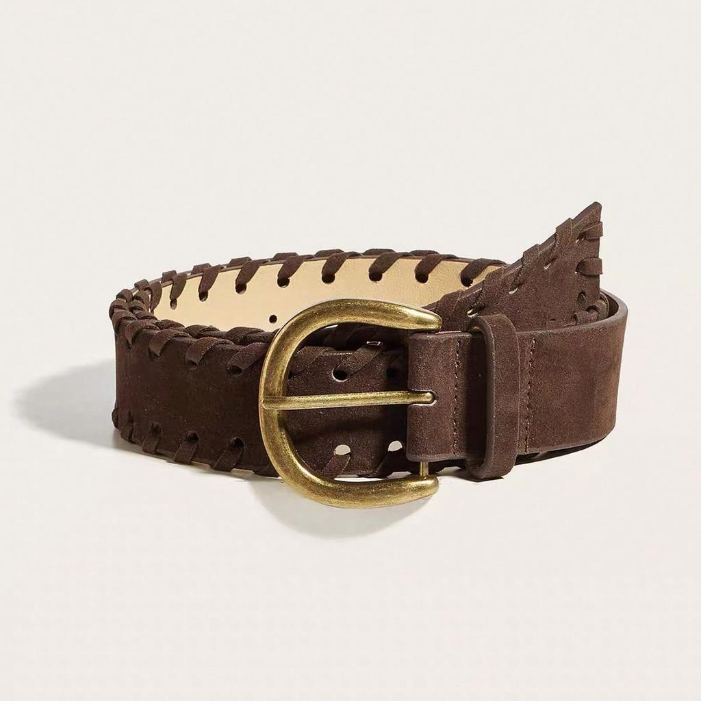Neutral Style Retro Woven Suede Brown Hollow Decoration Versatile Metal Buckle Belt