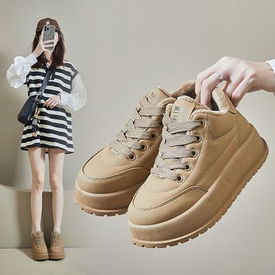 Women's Winter High-Top Sneakers With Fur Lined Outdoor Slip-On Snow Boots Warm Faux Leather Thick Sole Fleece Lined Lace-Up Short Booties for Female