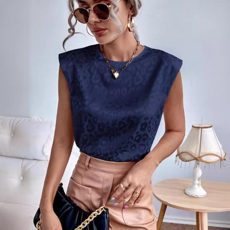 

Летние новые сексуальные женские рубашки с круглым вырезом и леопардовым принтом, элегантные атласные свободные повседневные блузки с коротким рукавом, женские тонкие элегантные пуловеры, женская рубашка 26565 XL темно-синий