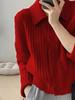 Chic Women's Ribbed Wool POLO Collar Short-Sleeve Knit Cardigan - Autumn/Winter Petite Outerwear.