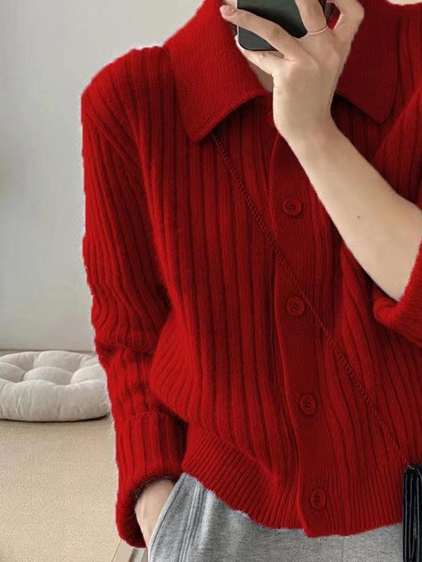 Chic Women's Ribbed Wool POLO Collar Short-Sleeve Knit Cardigan - Autumn/Winter Petite Outerwear.
