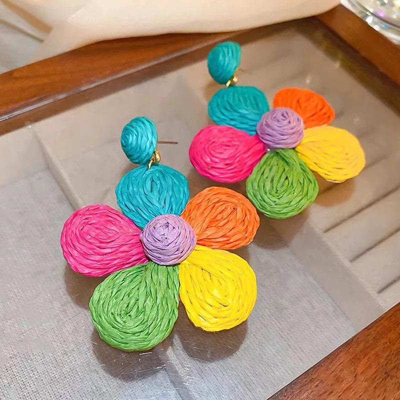 Exaggerated Dopamine Color Woven Flower Stud Earrings 2026 New Trend Light Luxury High-End Niche Women Pierced Ear Jewelry