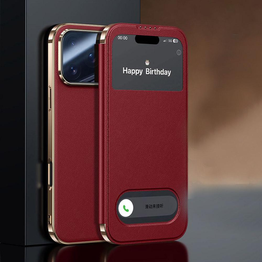 Funda de Cuero Genuino para iPhone 17 Pro Max, Funda Magnética con Ventana de Visualización Coque para iPhone17 17Pro, Tapa Flip con Protector de Lente