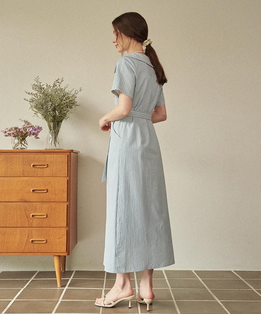 MICANE Bubly Striped Open Collar Long Dress