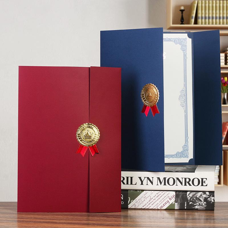 European Gold-Stamped Tri-Fold Certificate Cover, A4, with Embossed Paper and Logo.