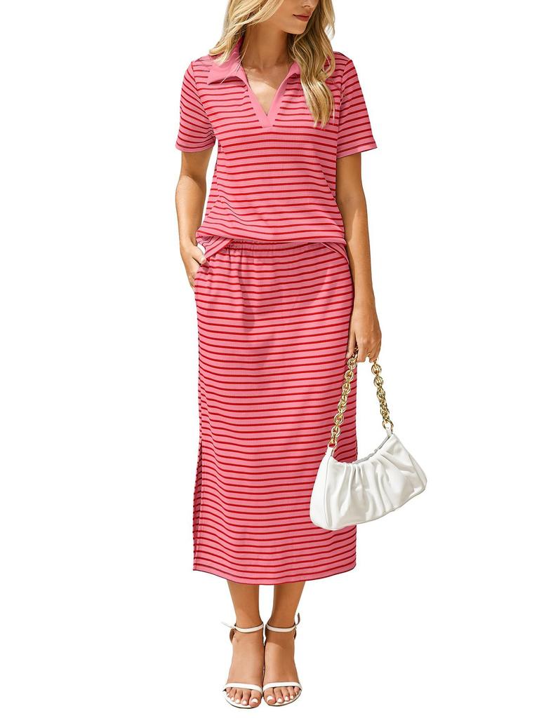 Striped Polo Collar Short Sleeve Top and Midi Skirt Two Piece Set in Multi Colors
