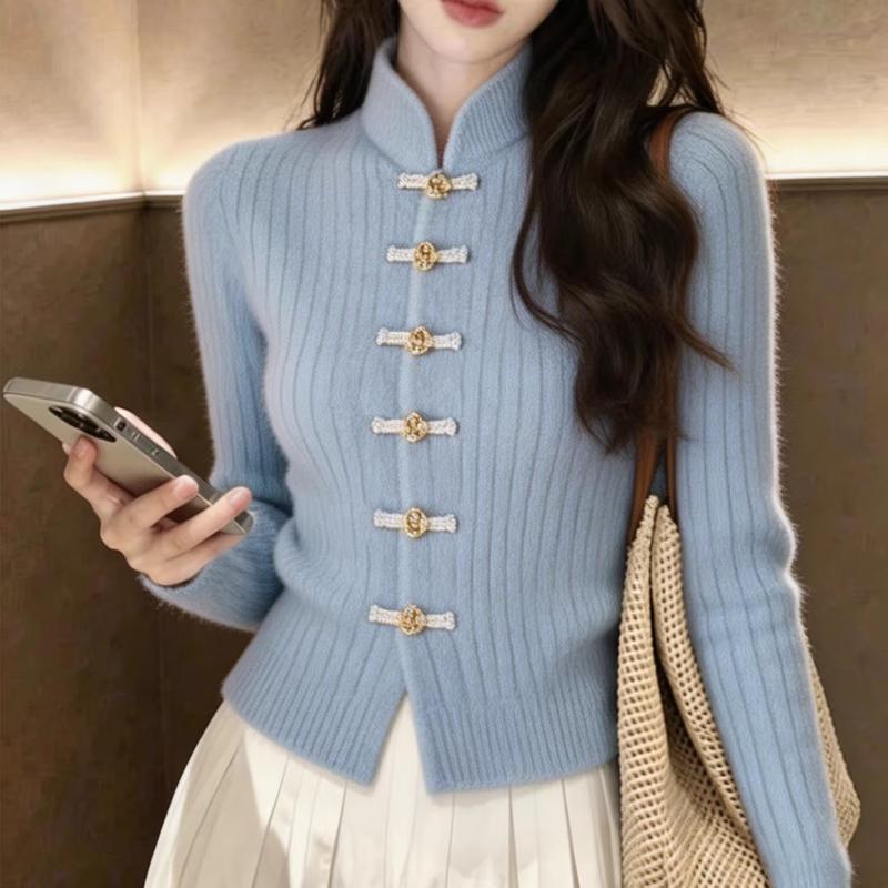 Cárdigan de Punto Zuose con Cuello Alto Estilo Chino