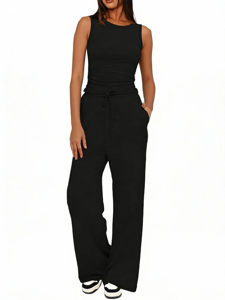 New Sleeveless Round Neck Ruffled Back Vest High Waist Fashion Wide Leg Pants
