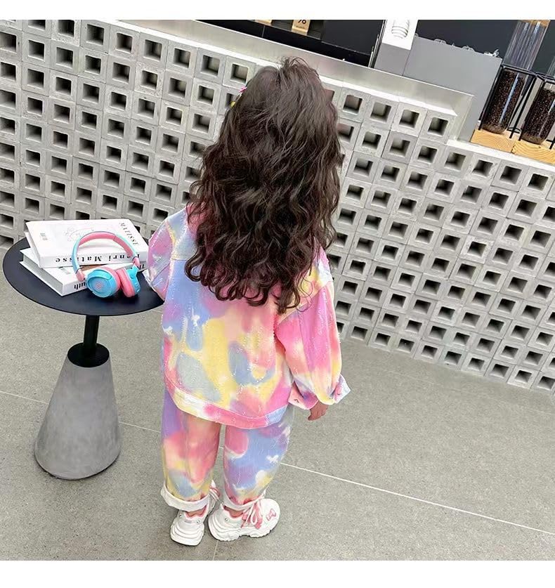 Îmbrăcăminte Denim Fete Set 2 Piese Set Copii Top Jersey și Pantaloni Fete Pantaloni Lungi Jachetă Denim Costum Dans Mânecă Lungă Tie Dye Hip Hop Larg