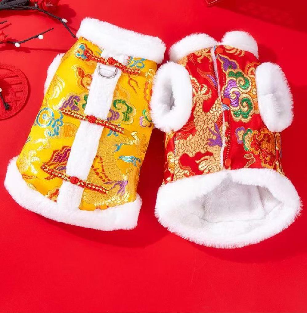 2026New Year Dog Clothes Chinese Style Tang Suit Pet Cotton Clothing Festive Print Dog Jacket Coat XS- XXL Thicken Keep Warm