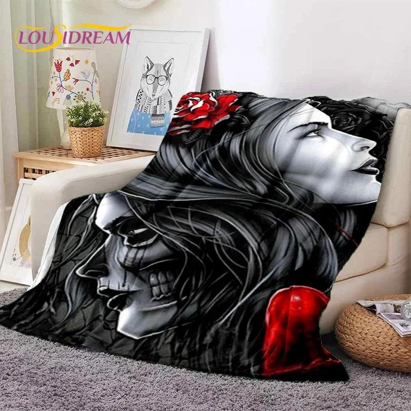 Totenkopf Totes Mädchen 3D Gothic Horror Weiblich Rose Weiche Flanelldecke für Betten Schlafzimmer Sofa Picknick, Überwurfdecke zum Zudecken Freizeit