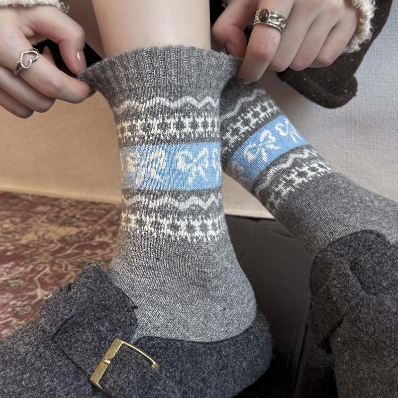 Winter and Autumn Wool Socks - Children's Fel Island Bow Tie Mid-length Socks, Warm and Retro Marbled Ribbed Pile Socks