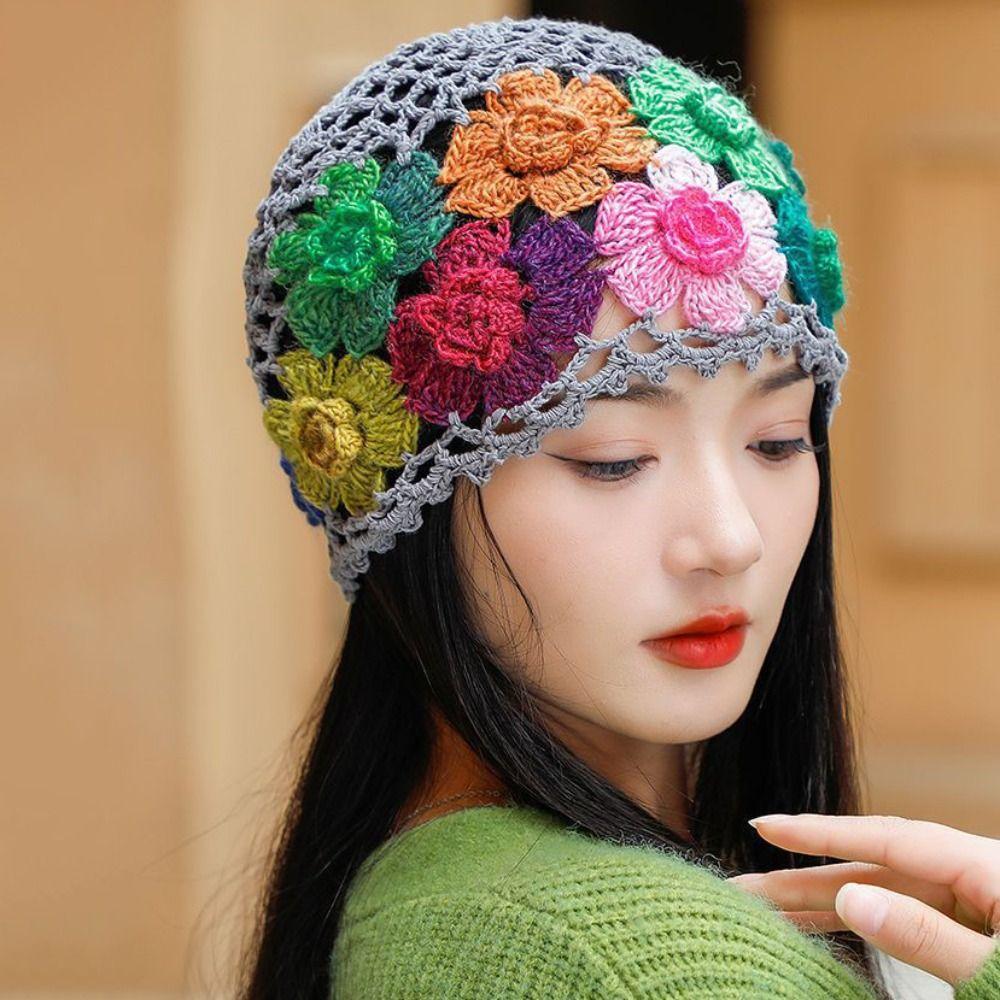 

Colorful Flower Hollow Knitted Hat Woolen Ethnic Style Pullover Hat Personality Beanie Cap Outdoor