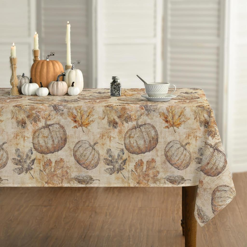 Horaldaily Fall Tablecloth 60×84 Inch Rectangular, Autumn Harvest Maple Leaves Pumpkin Washable Seasonal Table Cover for Party Picnic Dinner Decor