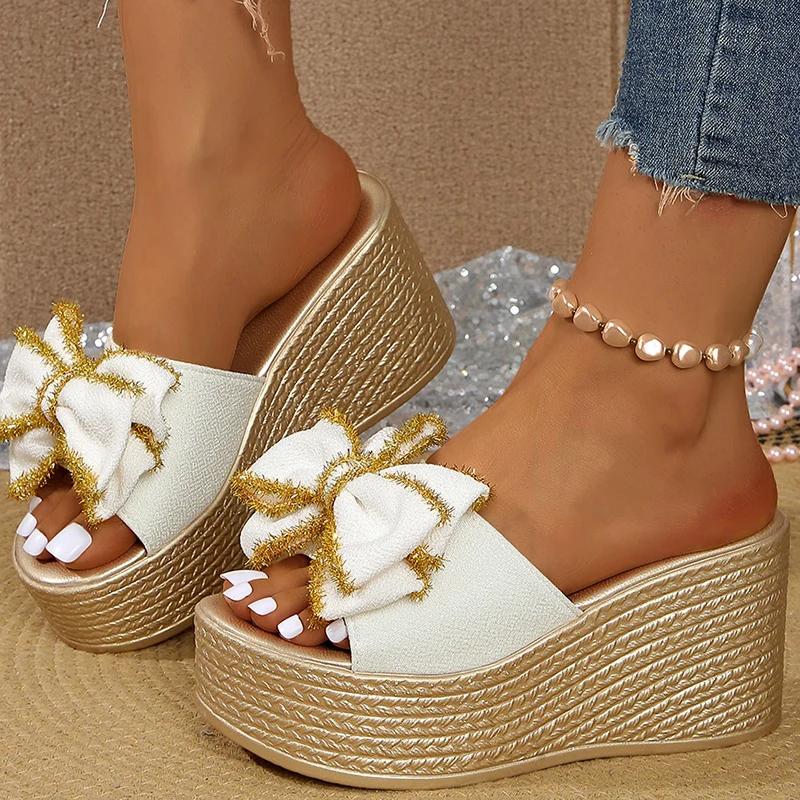 Fashion Street Bow Knot Chunky Platform Slippers Women Fashion Round Toe High Heel Sandals Woman Plus Size Wear-Resistant Slides Mujer