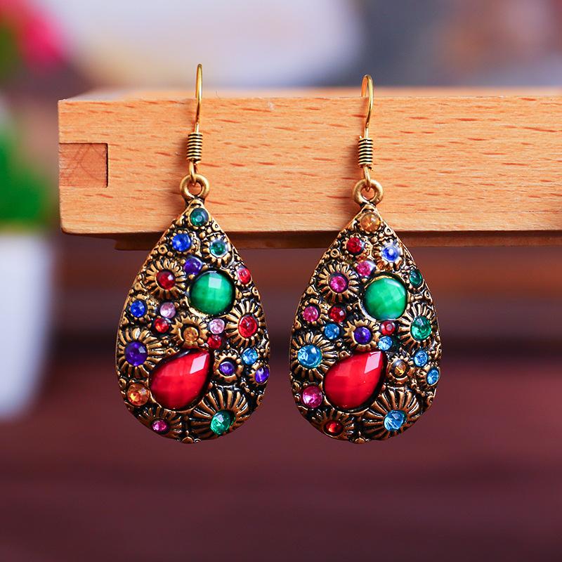 Vintage Ethnic Multicolor Rhinestone Water Drop Dangle Earrings for Women Carved Texture Antique Glod Color Earrings Jewelry
