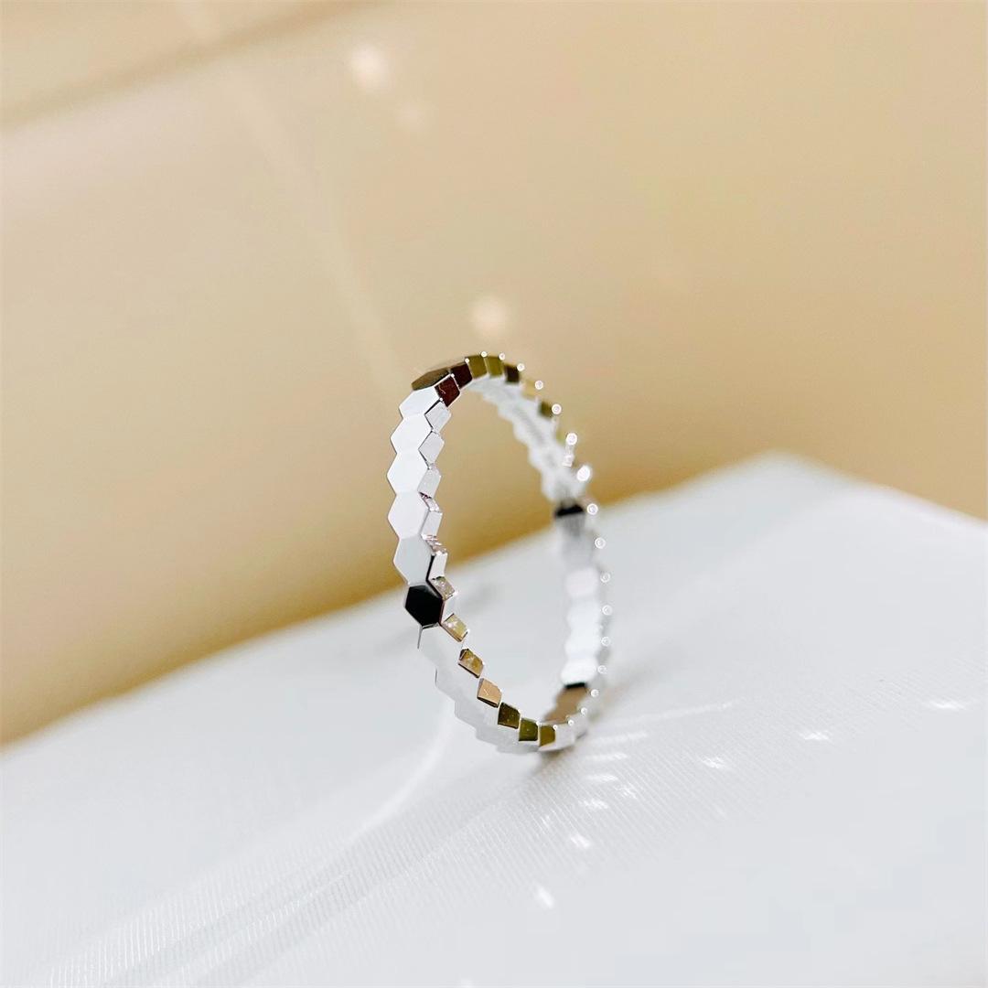 S925 Silver Honeycomb Hexagonal Ring Fashion Set Ring Three-piece Simulation Diamond Ring Glossy Half Diamond Full Diamond Honeycomb Ring No. 5