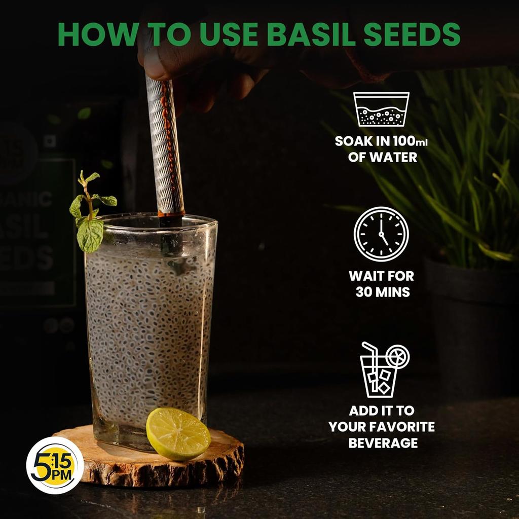 5:15PM Bio-Sabja-Samen 250g Packung 1 | Glutenfreie Basilikumsamen für Smoothies, Getränke & Desserts
