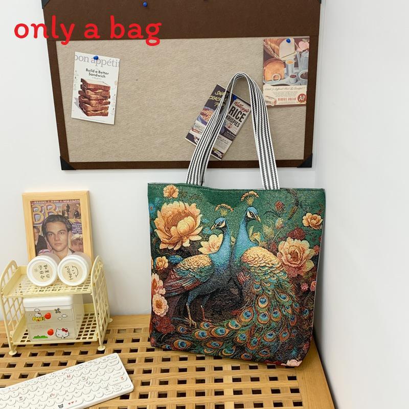 Peacock Canvas Tote Bag With Embroidery And Large Capacity For Daily Use