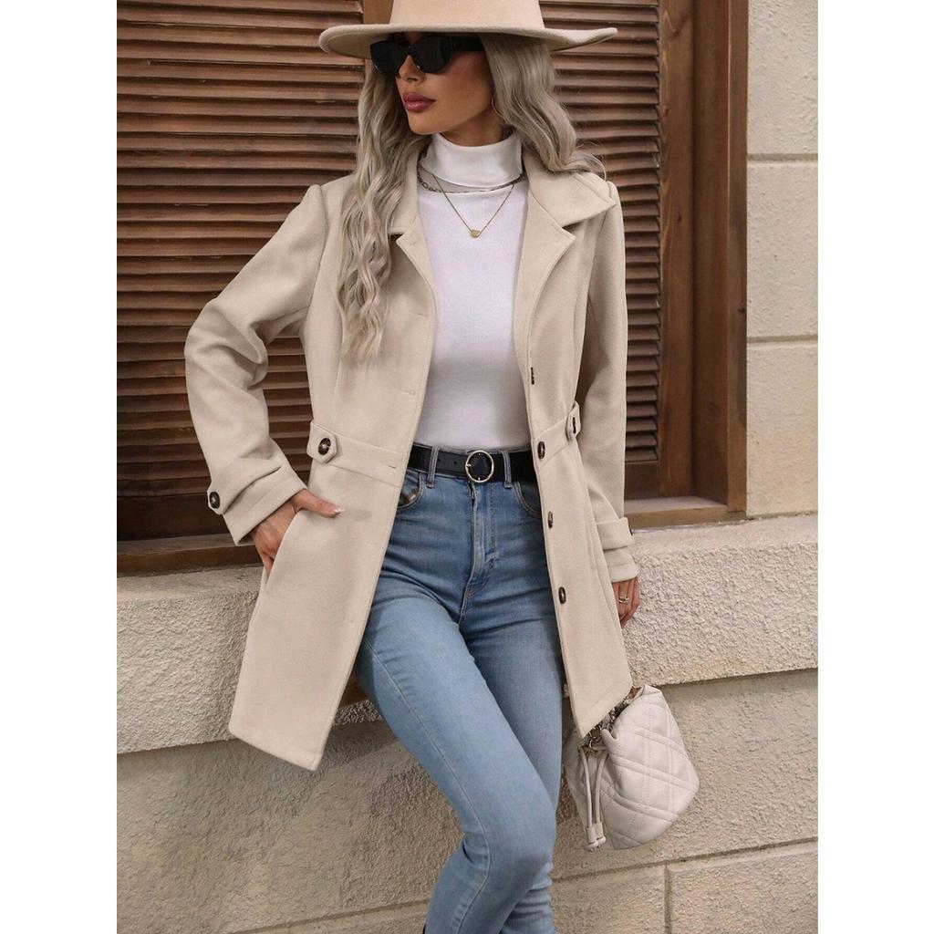 Fall Winter Women's Slim Fit Turn-down Collar Wool Blazer Coat Elegant Outerwear for European American Cross-border