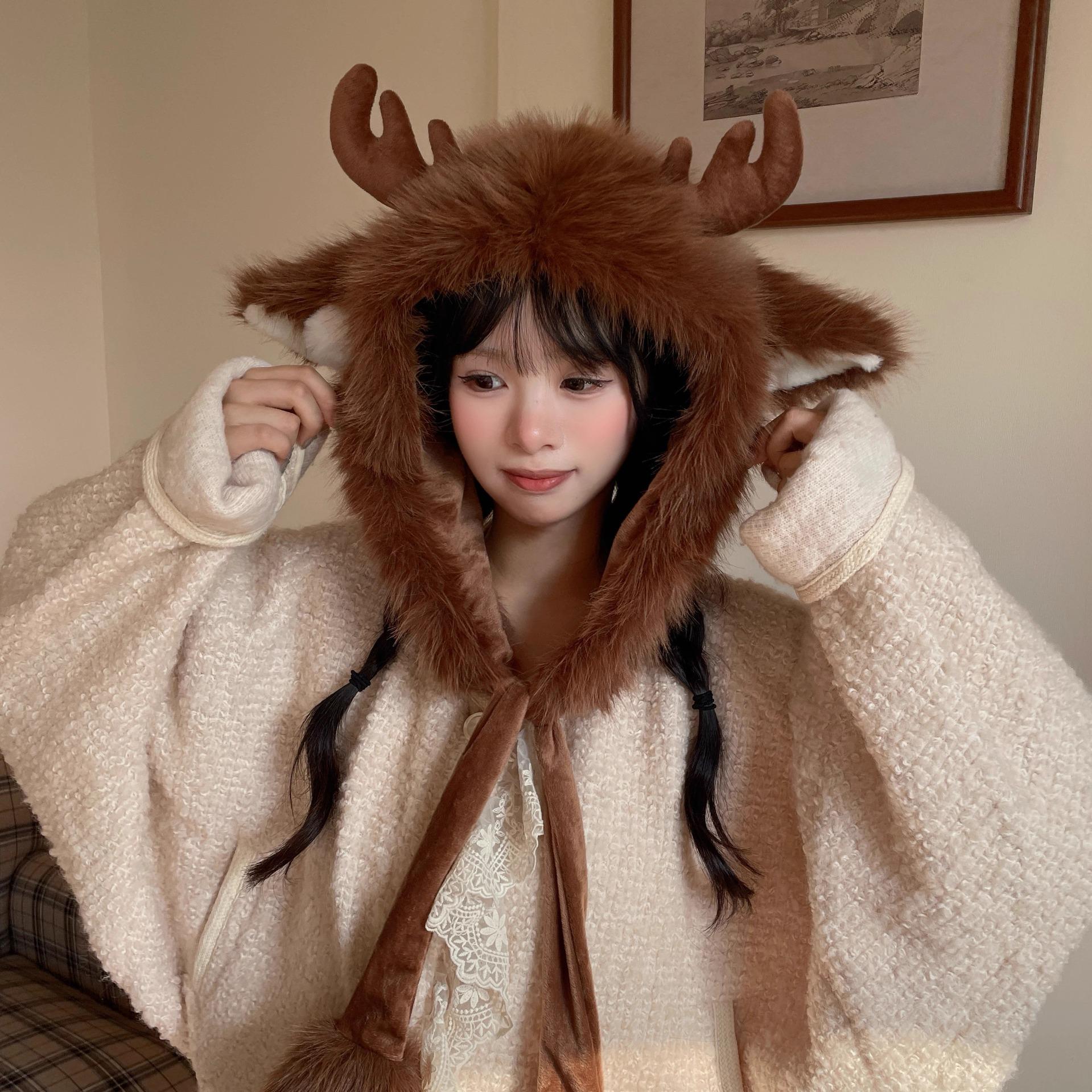 

2025 Design Christmas Elk Horns Teddy Fleece Thunder Hat Women s Season Fleece Straps Ear Protectors Versatile One size fits all