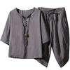 Men's Retro Chinese-Style Cotton & Linen Buttoned Three-Quarter Sleeve T-Shirt and Shorts Set