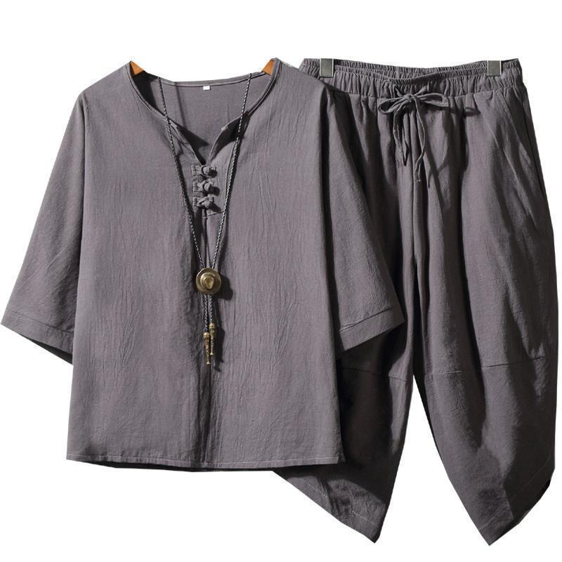 Men's Retro Chinese-Style Cotton & Linen Buttoned Three-Quarter Sleeve T-Shirt and Shorts Set