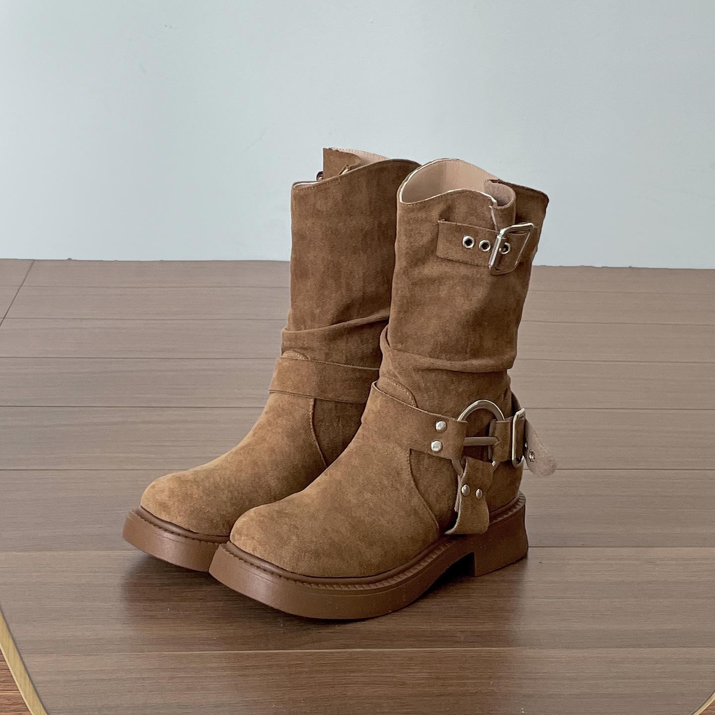 

Khaki retro thick heel thick-soled Martin boots women s 2025 new autumn height-increasing and thin western cowboy short boots 42 хаки