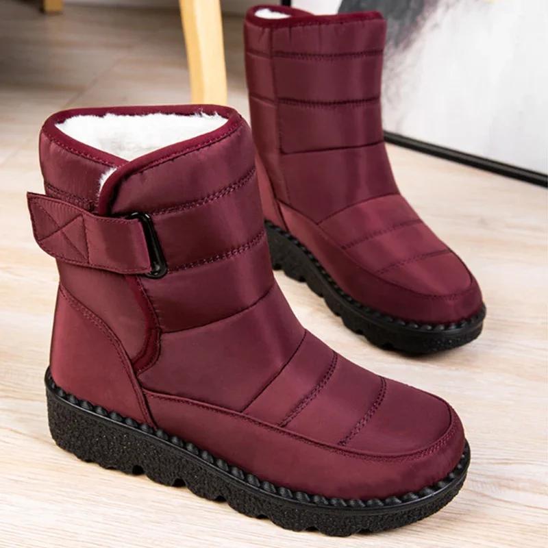 Fashion Snow Boots for Women's Thicken Plush Cotton Boots Winter Thick Platform Waterproof Warm Booties Hook Loop Plus Size Ladies Shoes