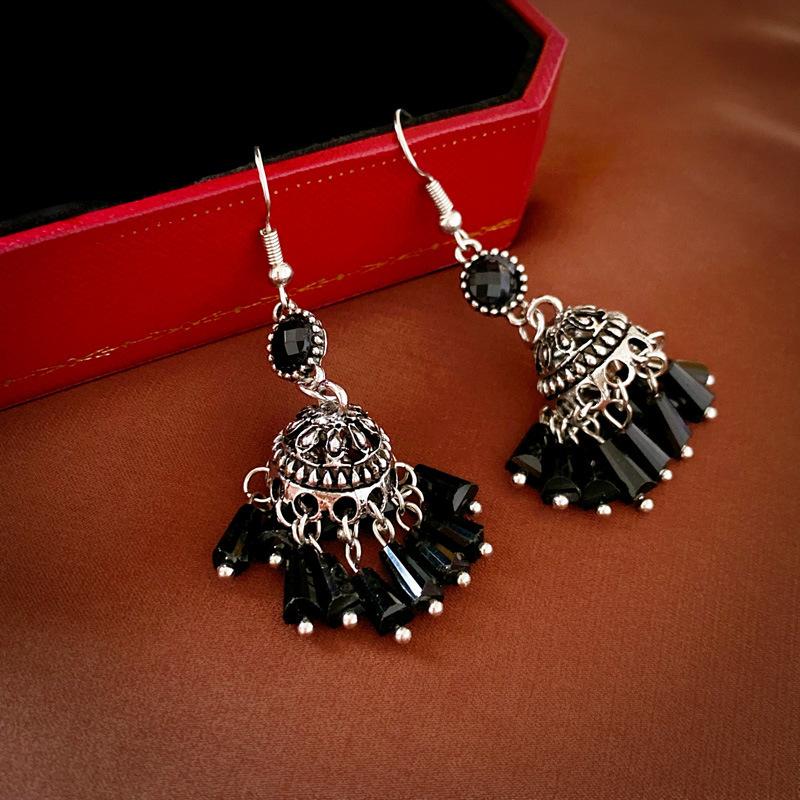 Retro ethnic style diamond-set artificial crystal fringed ear hook Miao style ancient silver old high-end earrings