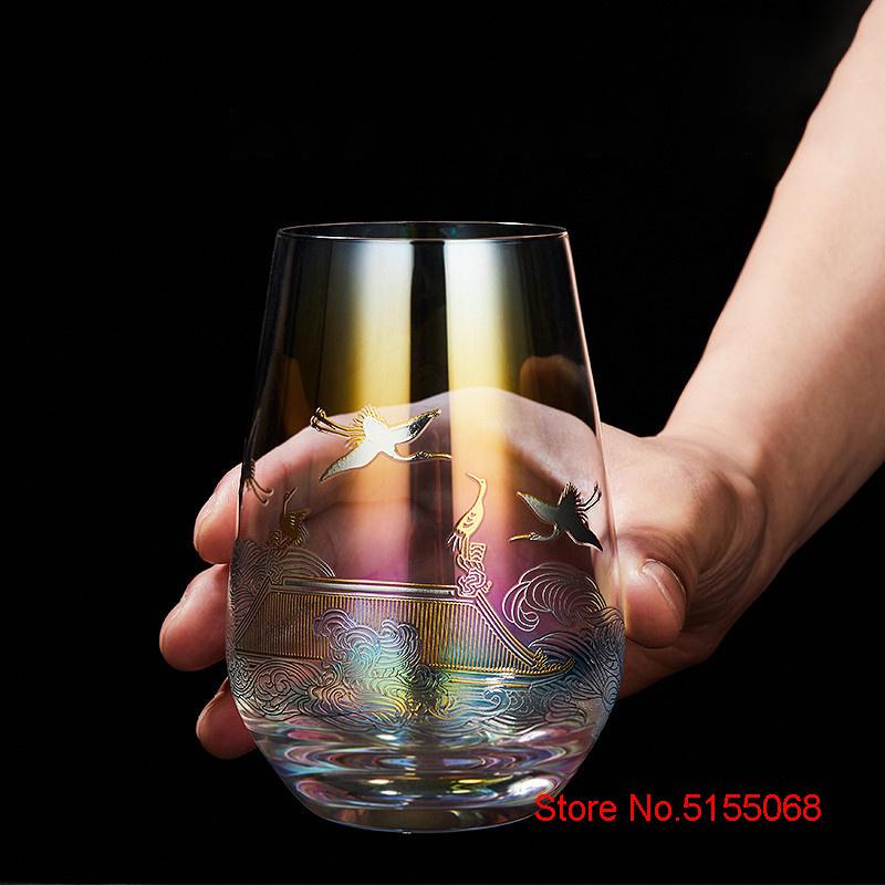 500ml Royal Court Red-crowned Crane Glass Chinese Style Drink Cup Gold Silver Burning Lucky Whisky Tumbler Beer Mug Water Teacup