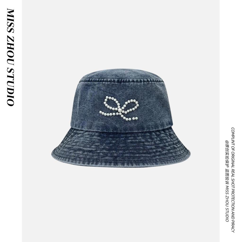 Sweet and cute pearl bow fisherman hat children shopping retro casual denim basin hat