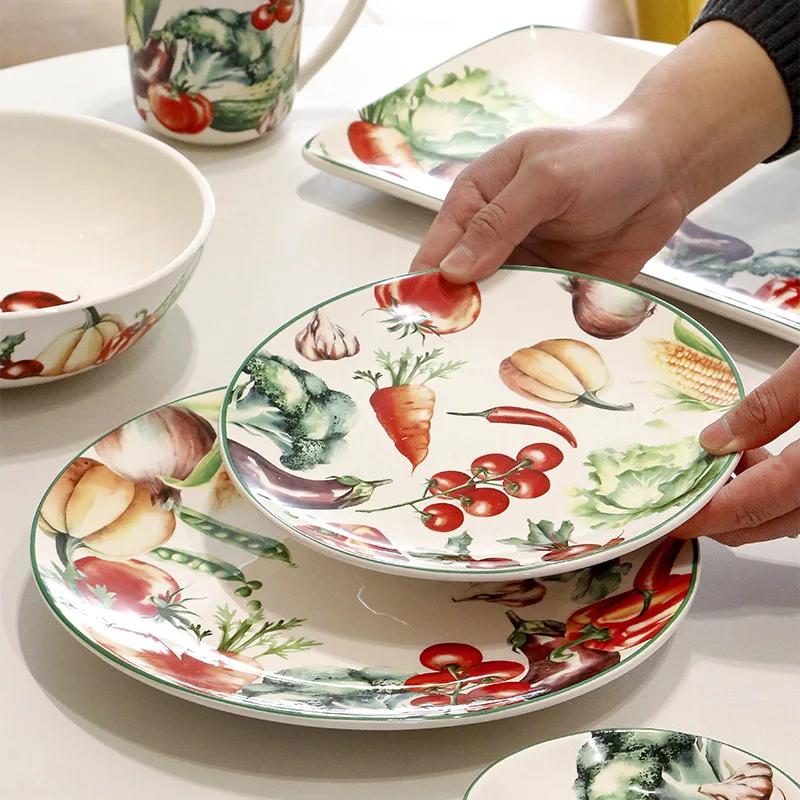 Amerikanischer kreativer Gemüseteller im Gartenstil, Persönlichkeit, Keramik, Steak- und Pastateller, Unterglasurfarbe, Salatschüssel-Set