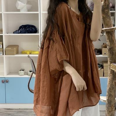 Women's Linen Batwing Blouse - Single Button, Loose Fit, Summer Sun Protection, Fashionable Retro Style