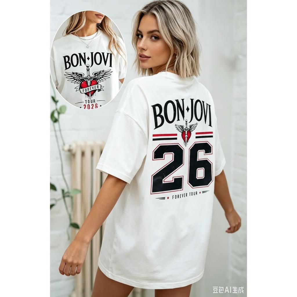 Bon Jovi Print T-Shirt Damen Herren Rundhals Streetwear Harajuku Lässig Übergroß Y2k Kurze Ärmel Lässig Locker Bequem Damen Herren Kleidung