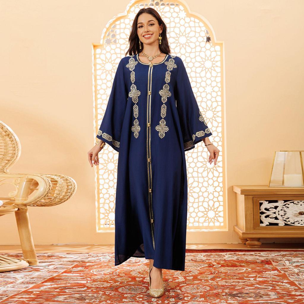Middle Eastern Floral Embroidered Muslim Jalabiya Robe, Dubai Dress