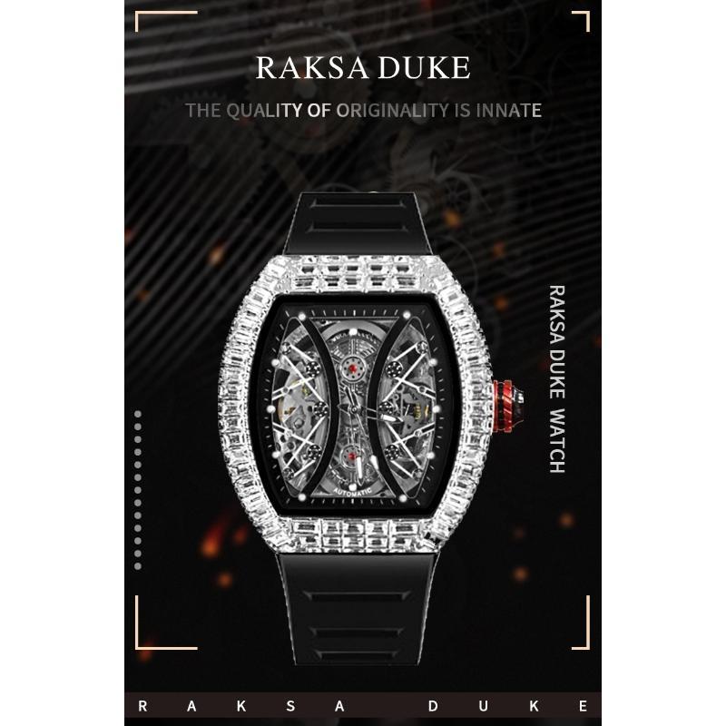 Top Brand Men's Automatic Mechanical Watch Fashion Tonneau Case Luminous Pointer Diamond Skeleton Watch