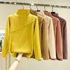 Damen Doppelseitiges Fleece Halbhoher Kragen Langarm Koreanischer Stil Herbst/Winter T-Shirt mit Doppelstreifen-Design