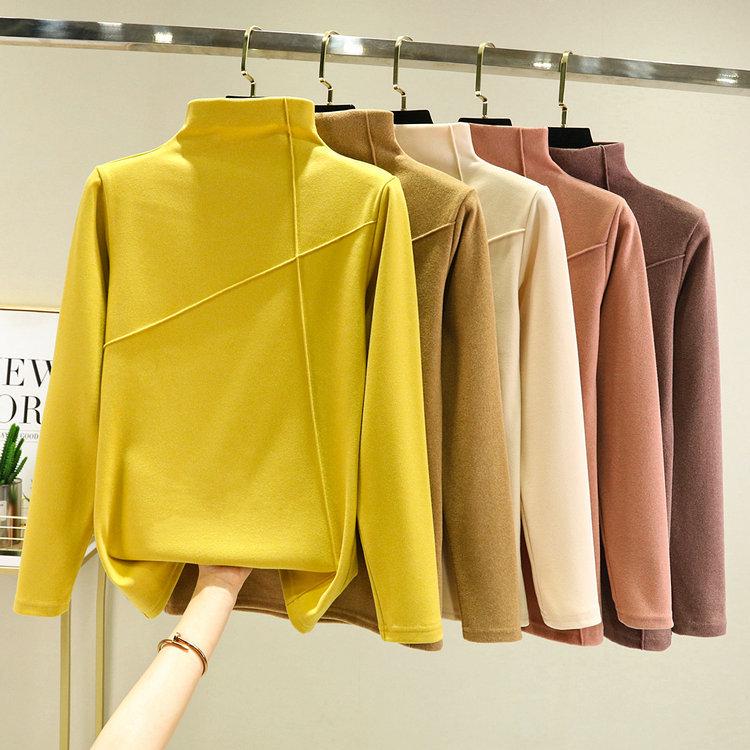 Tricou de toamnă/iarnă pentru femei, cu guler semi-înalt, mâneci lungi, stil coreean, din fleece dublu-față, cu design cu dungi duble