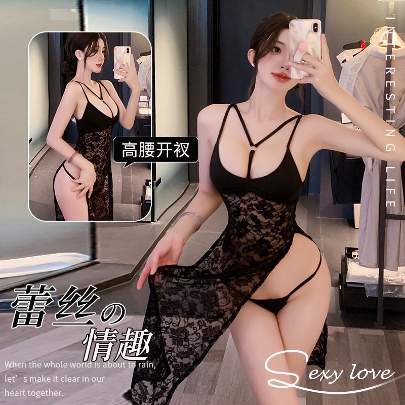 Sexy lingerie sexy lace suspender long dress high split ends seduction pajamas women's uniform suit