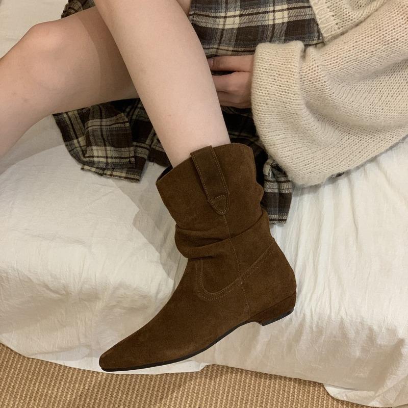 Cowhide Version! Retro Low-heeled Pointed Western Cowboy Pile Boots Women's Autumn and Winter New Martin Boots Versatile Thin Boots