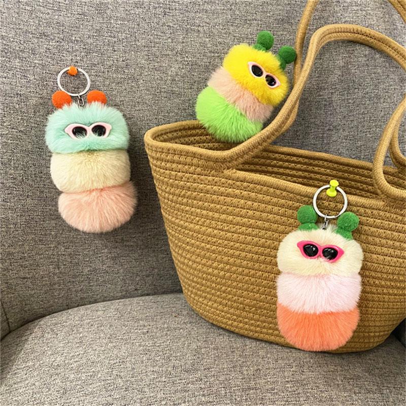 Cute Cartoon Plush Caterpillars Keychain Bag Ornaments Keyring Car Trinket Key Holder Easter Halloween Christmas Party Gift