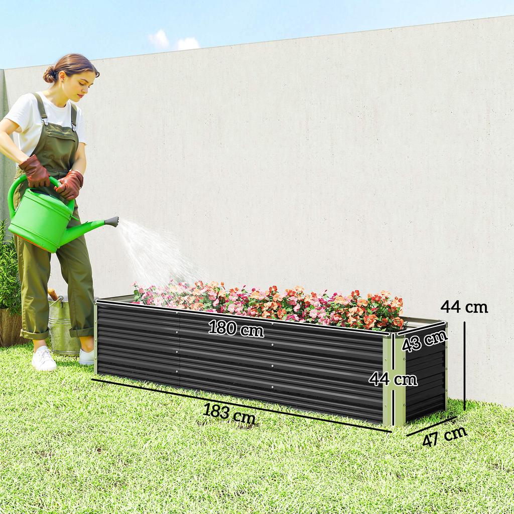 Raised Steel Garden Bed, Planter, Flower Box, Flower Pot with Gloves, Gray, 183 x 47 x 40 cm
