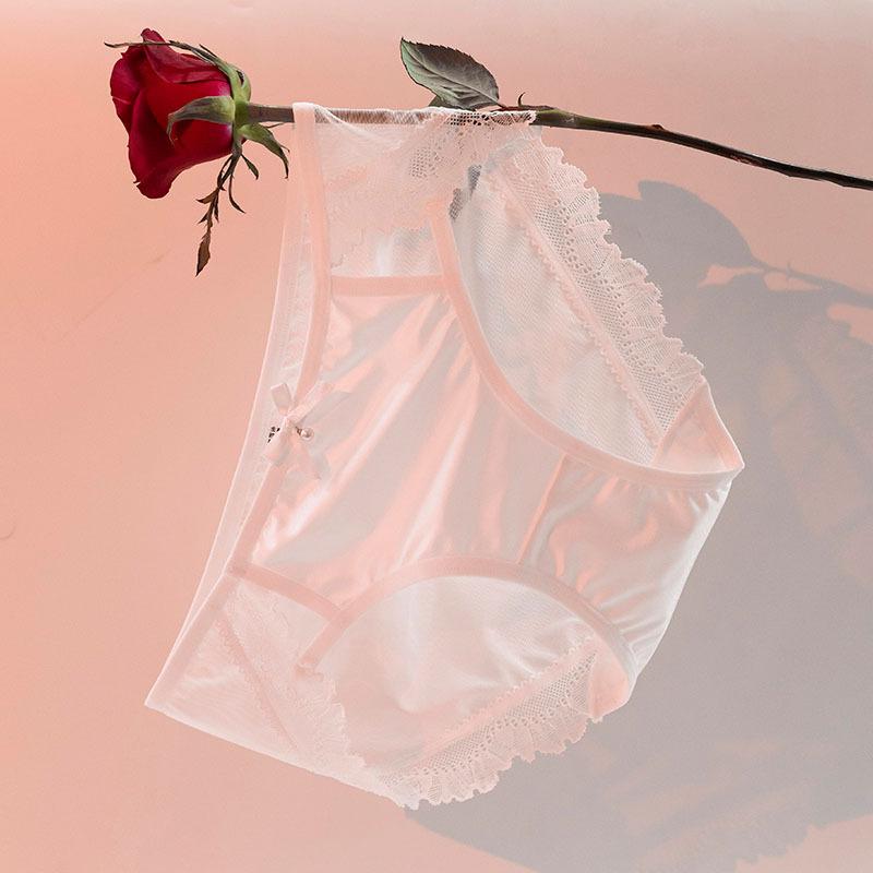 Women's Summer Fashion Satin Sexy Lace Semi Transparent Mesh Triangle Panties