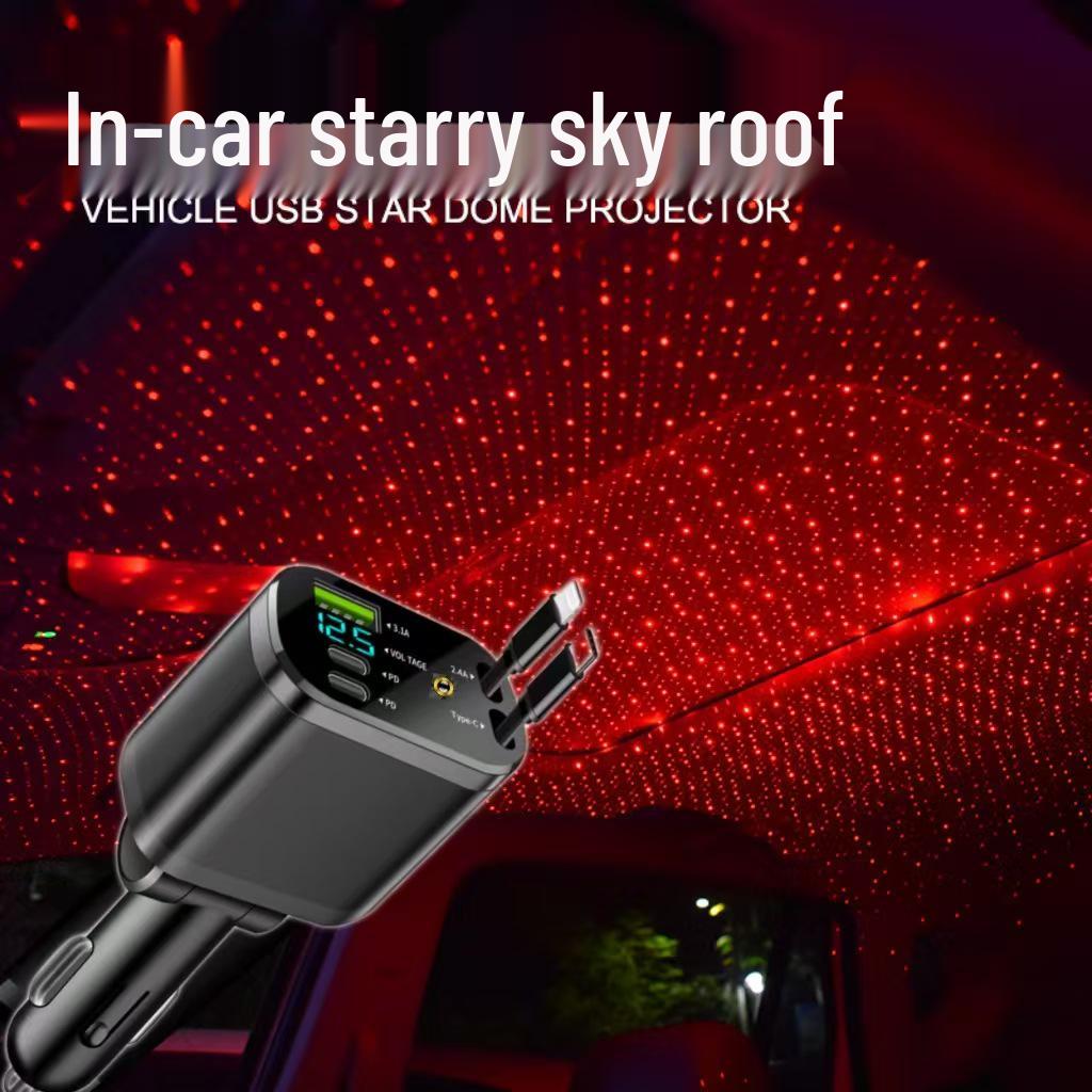 Dual-Line Retractable Car Charger with Digital Display, PD Fast Charging for Huawei & Apple.