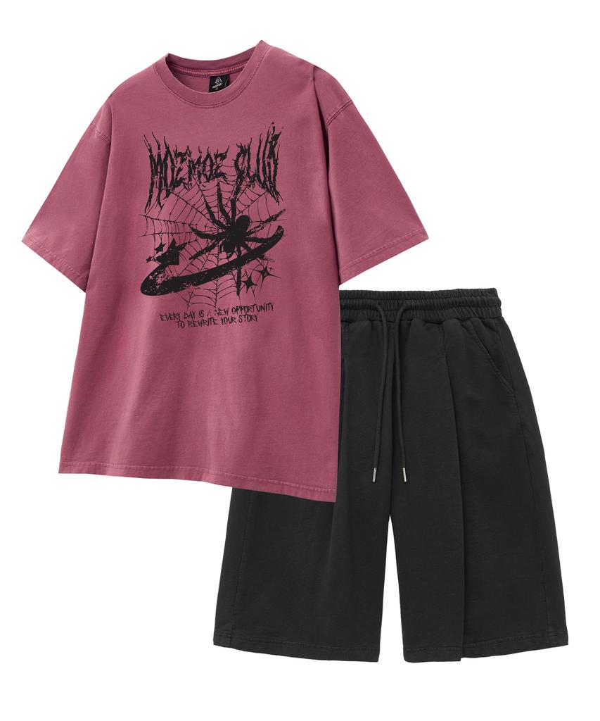 MOZMOZ [Set] Spider Pigment Short Sleeve + Pigment Wide Single-Pleat Shorts Set-Up