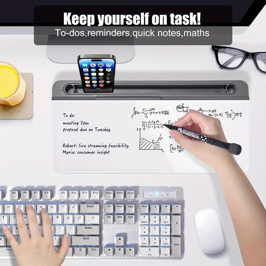 1-in-1 Sleek Compact Glass Desk Whiteboard with Built-in Storage Modern Tempered Desktop Organizer Keyboard Holder Efficient
