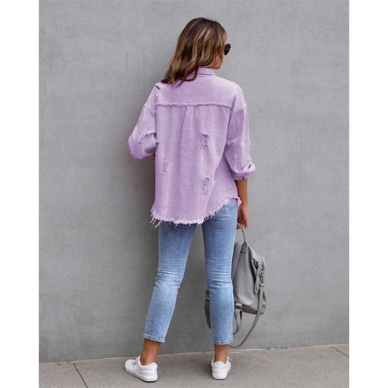 Holes Raw-edges Denim Jacket Women Spring Autumn Shirt Style Jeancoat Casual Top Rose-Red Orange Purple Outerwear Lady Coat