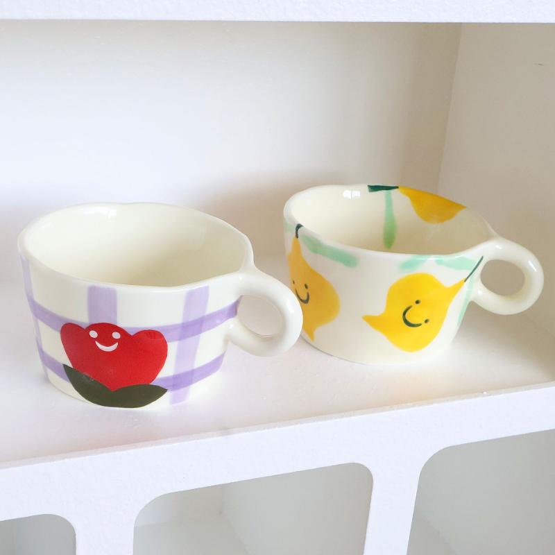 BRHand Drawn Ceramic Mug Cartoon Cute Water Cup Home Furnishings Breakfast Milk Cup Couple Afternoon Tea Coffee Cups Friend GiftEY