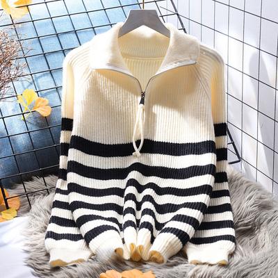 Polo Neck Zipper Stripe Pullover Sweater for Women 2023 Autumn/winter Japanese Knit Loose Long Sleeve Sweater Pullover Female